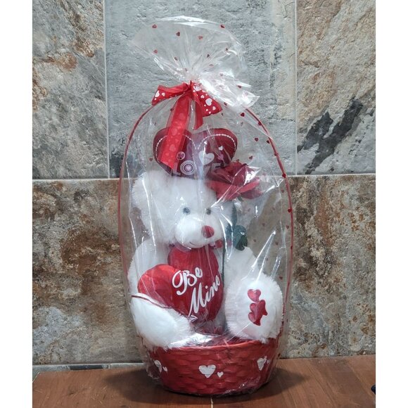 Valentines Day Gift Be Mine Bear Plush Love Heart in Gift Basket Stuffed Animal - Picture 3 of 16